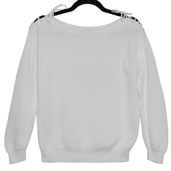 MaxMara 100% Cotton White Boatneck Knit Sweater Tie Detail Size Large - Picture 2 of 6